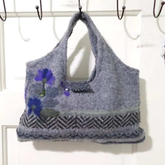 Handmade Gray Purple Felted WOOL Beaded Embroidered Small Hand Bag Tote Purse - Picture 3 of 12